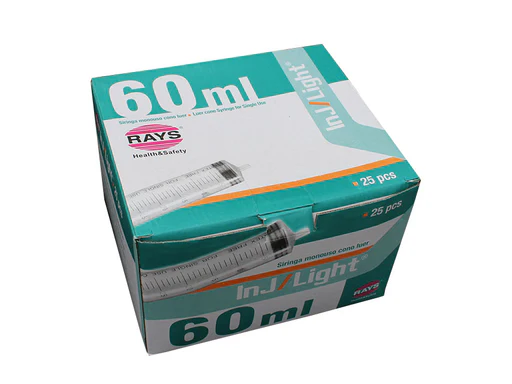 Jeringas Desechables sin Aguja 60 ml de Tres Cuerpos Cono Luer Excéntrico de Inj/Light | Caja de 25 Unidades